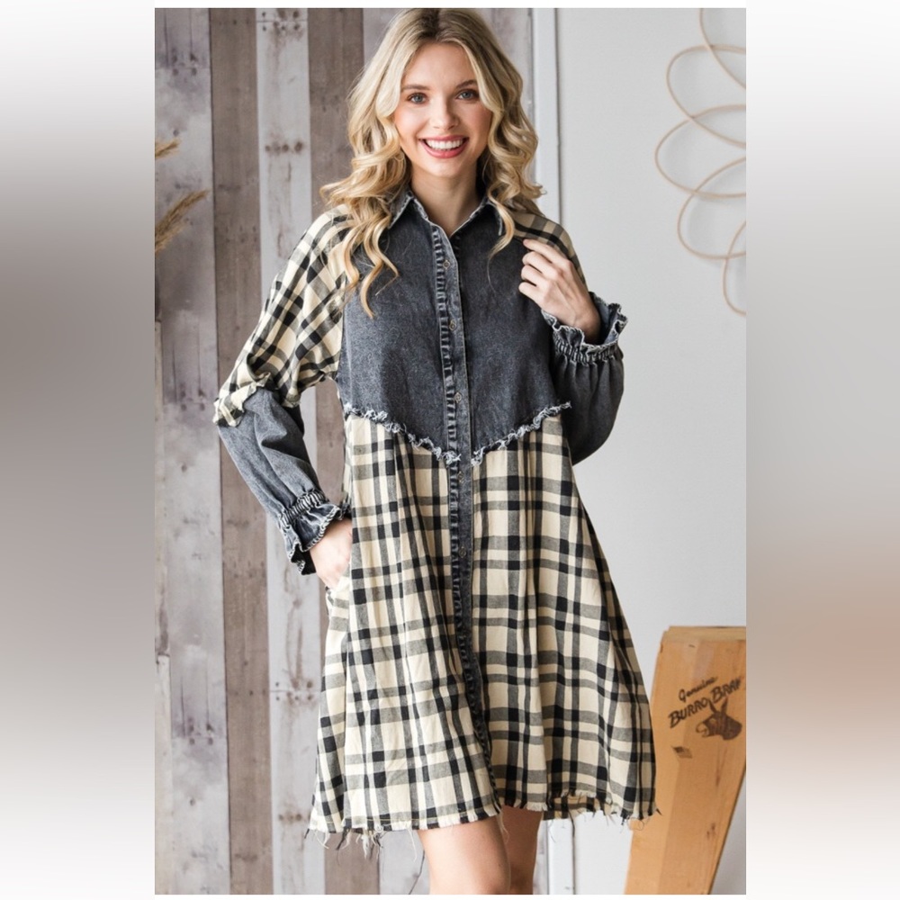 Boho Plaid contrast Dress with washed denim